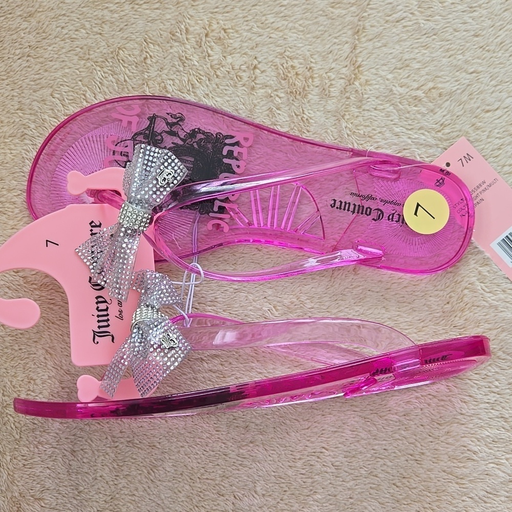 Juicy Couture Spain Rhinestone Bow Slip On Flat Pink Flip Flops Size 7 - Picture 5 of 5